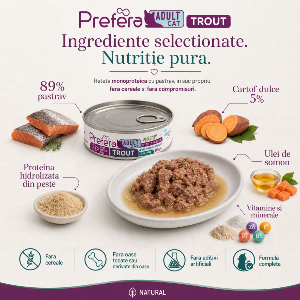 PREFERA MPD, Păstrăv, dietă veterinară, conservă hrană umedă monoproteică fără cereale pisici, (în suc propriu), 85g - imagine 5